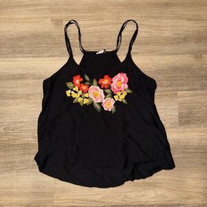 Akemi + Kin Anthropologie Tank Top Womens Large Black Floral Embroidered